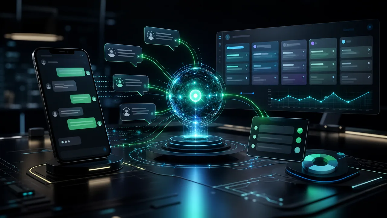 Agente de IA abstrato conectado a chat, CRM e fluxos de atendimento em ambiente digital.