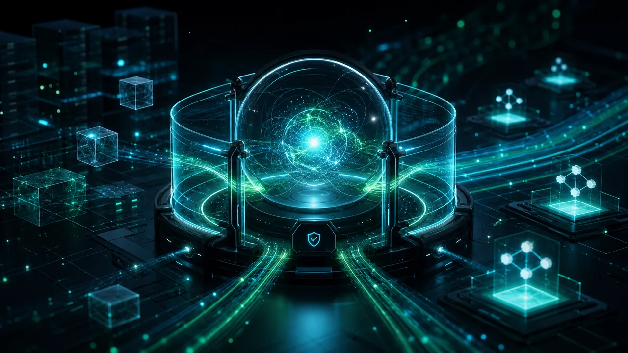 Núcleo de IA avançada cercado por camadas de segurança, fluxos de código e interfaces futuristas em ambiente escuro.