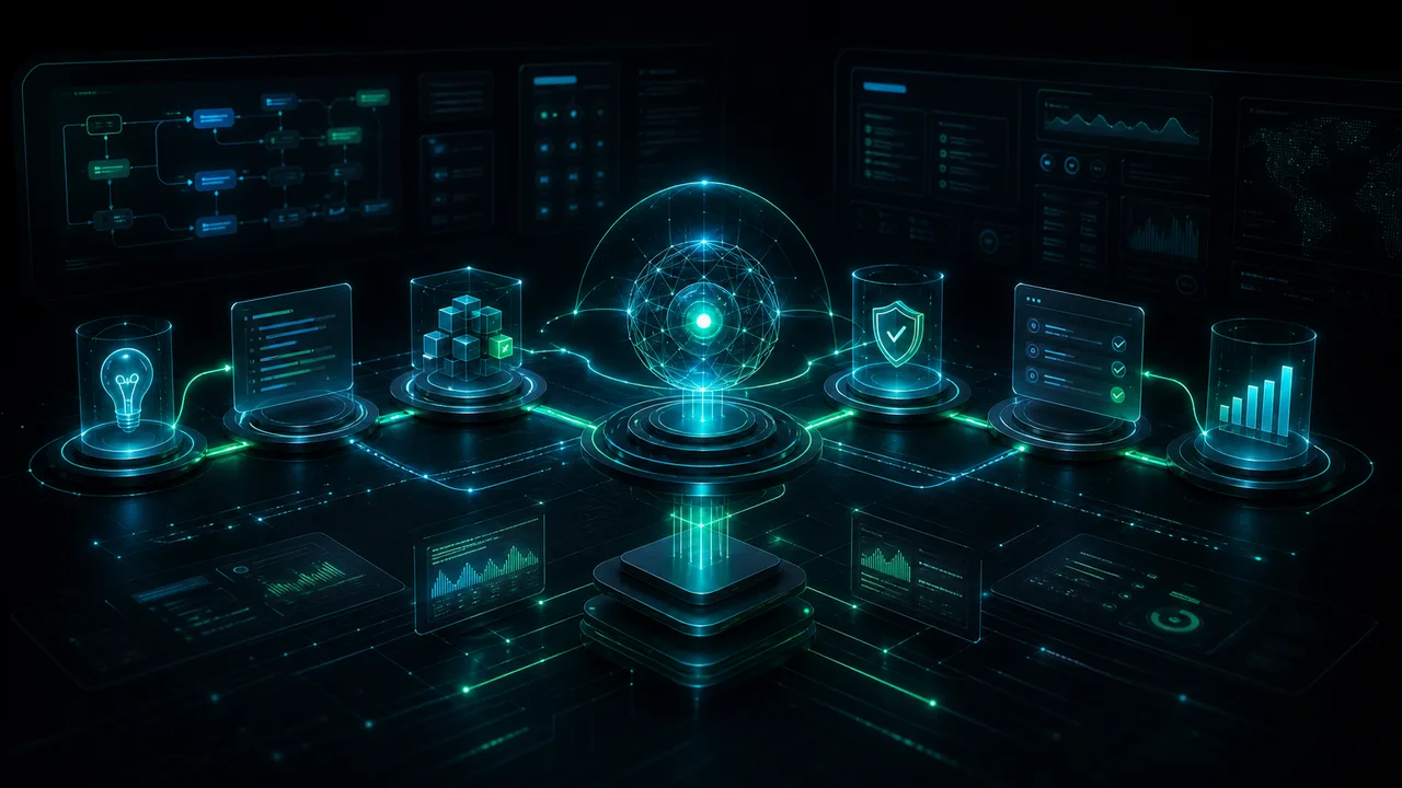 Fluxo de Vibecode com IA avançada, camadas de segurança e agentes de código em ambiente futurista.