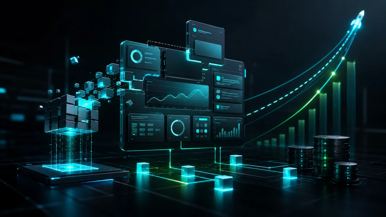 Módulos de produto SaaS, dashboard e dados sendo montados em um laboratório digital.