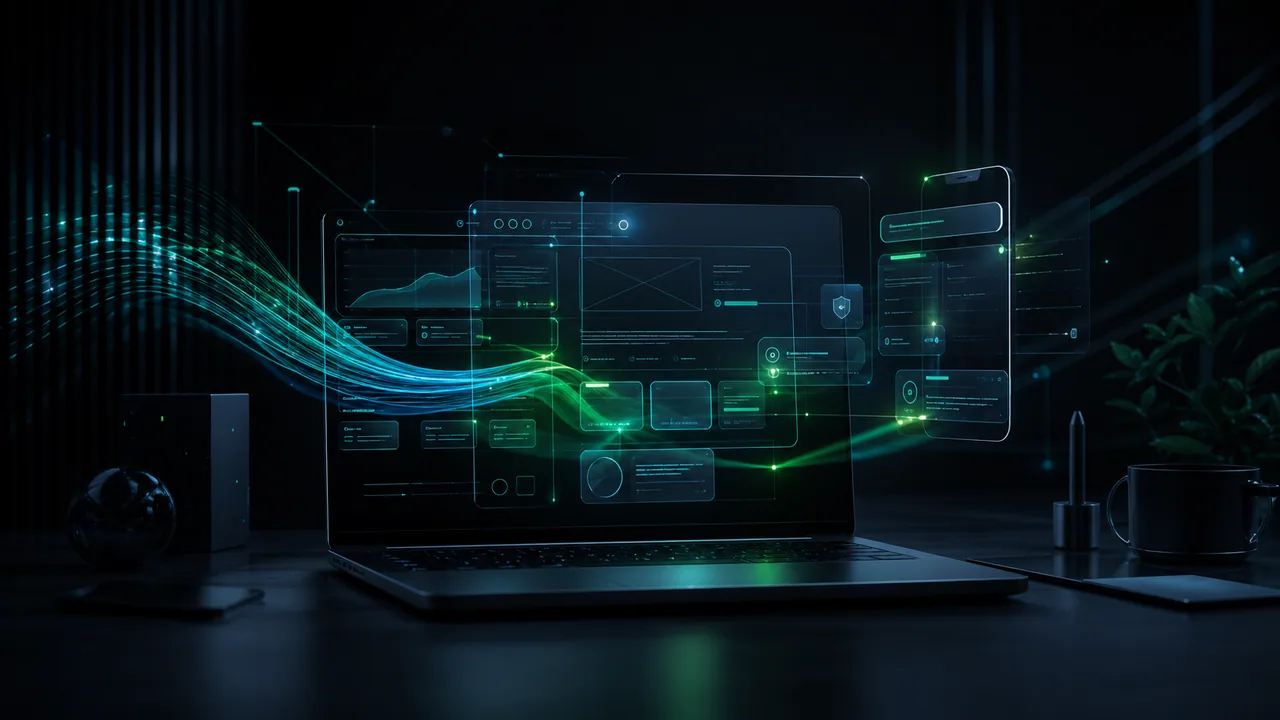 Produto digital futurista sendo construído por módulos luminosos, representando vibe-code e IA.